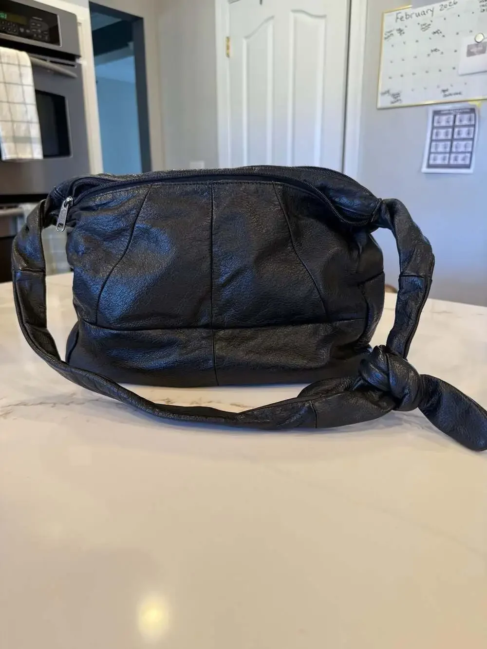 Vintage 90s Slouchy Black Genuine Leather Hobo Crossbody Bag with Knot Detail